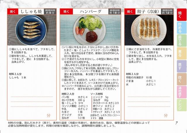 焼く ししゃも焼 焼く ハンバーグ 朝?? 焼く 餃子(冷凍) 約12分 炒める 茹でる 煮る