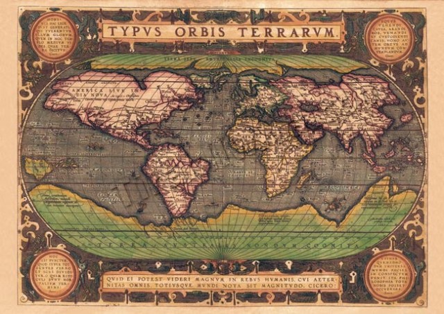 アンティーク 17世紀 ラテン語 世界地図 壁掛け （セリカ