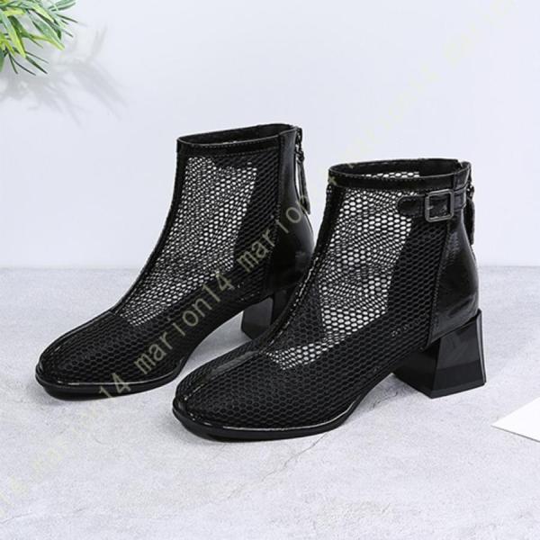 サマーブーツ サンダル ファッションサンダル レディース 太めヒール メッシュ ブーツサンダル 夏ブーツ バックジップ 5.5cm ヒールサンダル カジュアル