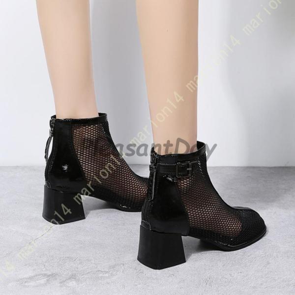 サマーブーツ サンダル ファッションサンダル レディース 太めヒール メッシュ ブーツサンダル 夏ブーツ バックジップ 5.5cm ヒールサンダル カジュアル