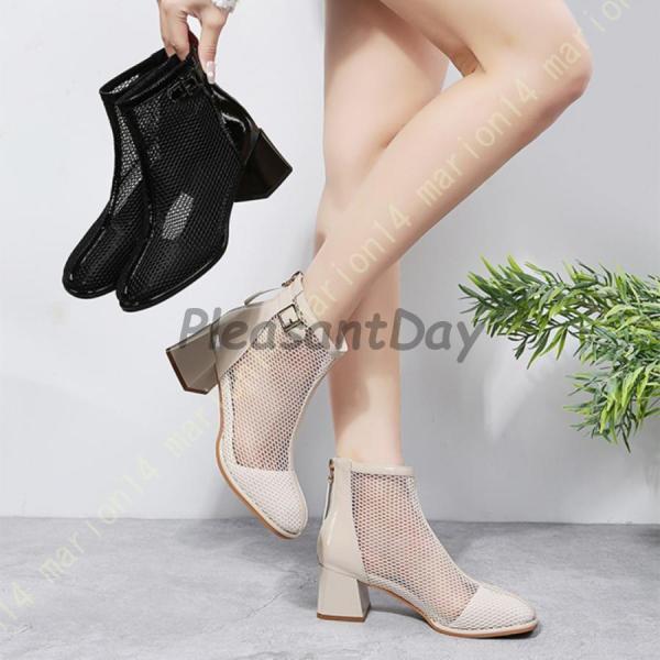 サマーブーツ サンダル ファッションサンダル レディース 太めヒール メッシュ ブーツサンダル 夏ブーツ バックジップ 5.5cm ヒールサンダル カジュアル