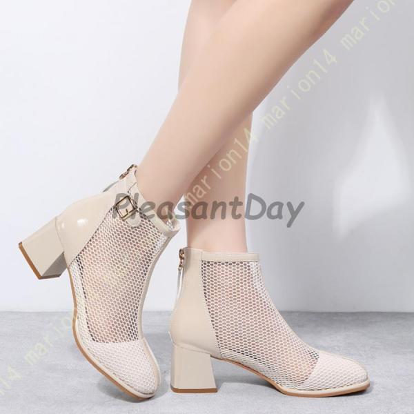 サマーブーツ サンダル ファッションサンダル レディース 太めヒール メッシュ ブーツサンダル 夏ブーツ バックジップ 5.5cm ヒールサンダル カジュアル