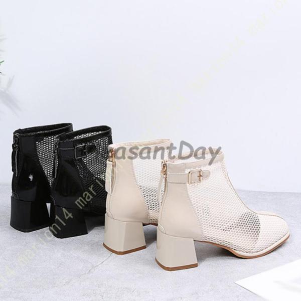 サマーブーツ サンダル ファッションサンダル レディース 太めヒール メッシュ ブーツサンダル 夏ブーツ バックジップ 5.5cm ヒールサンダル カジュアル