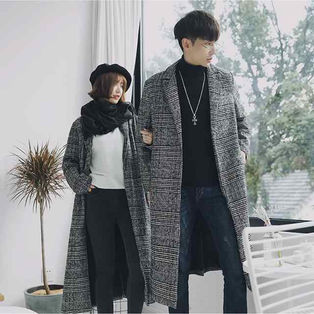 韓国 ファッション グレンチェック柄 ロング チェスターコート