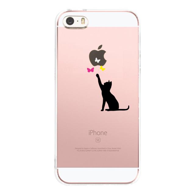 iPhone5 iPhone5s ケース クリア 猫と蝶々 ブラック スマホケース ハード スマホケース ハード 送料無料-1