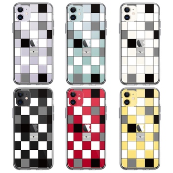iPhone11 ケース クリア ブロック チェック ホワイト ブラック スマホケース 側面ソフト 背面ハード ハイブリッド 送料無料-1
