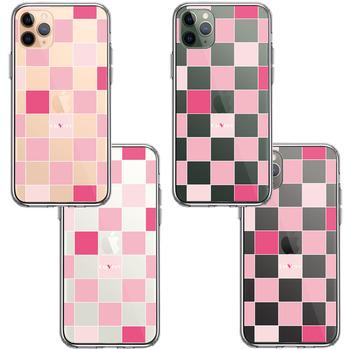 iPhone11pro ケース クリア ブロック チェック ピンク スマホケース 側面ソフト 背面ハード ハイブリッド 送料無料-1
