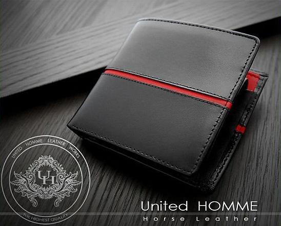 二つ折り財布 馬革×牛革センターラインデザイン二つ折り財 unitedHOMME UH-1073 3色展開 送料無料-1