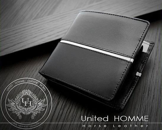 二つ折り財布 馬革×牛革センターラインデザイン二つ折り財 unitedHOMME UH-1073 3色展開 送料無料-3
