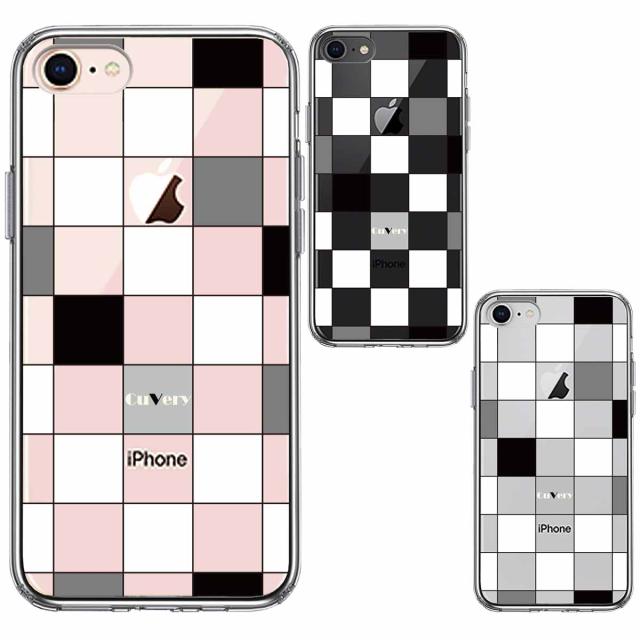 iPhone7 iPhone8 ケース クリア ブロック チェック 白 黒 スマホケース 側面ソフト 背面ハード ハイブリッド 送料無料-1