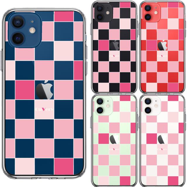 iPhone12 ケース クリア ブロック チェック ピンク スマホケース 側面ソフト 背面ハード ハイブリッド 送料無料-1