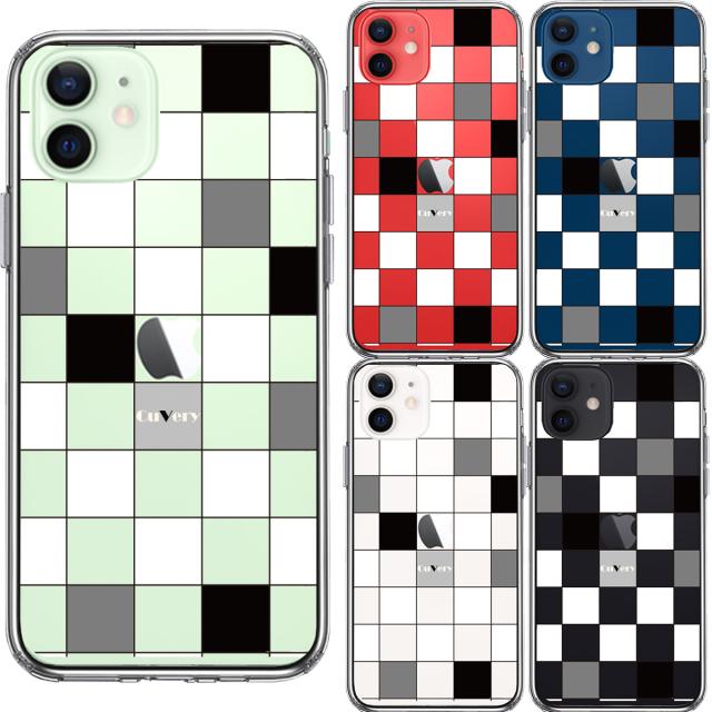 iPhone12 ケース クリア ブロック チェック 白 黒 スマホケース 側面ソフト 背面ハード ハイブリッド 送料無料-1