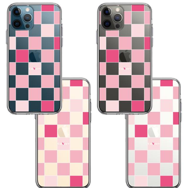 iPhone12Pro ケース クリア ブロック チェック ピンク スマホケース 側面ソフト 背面ハード ハイブリッド 送料無料-1
