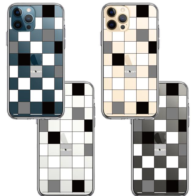 iPhone12Pro ケース クリア ブロック チェック 白 黒 スマホケース 側面ソフト 背面ハード ハイブリッド 送料無料-1