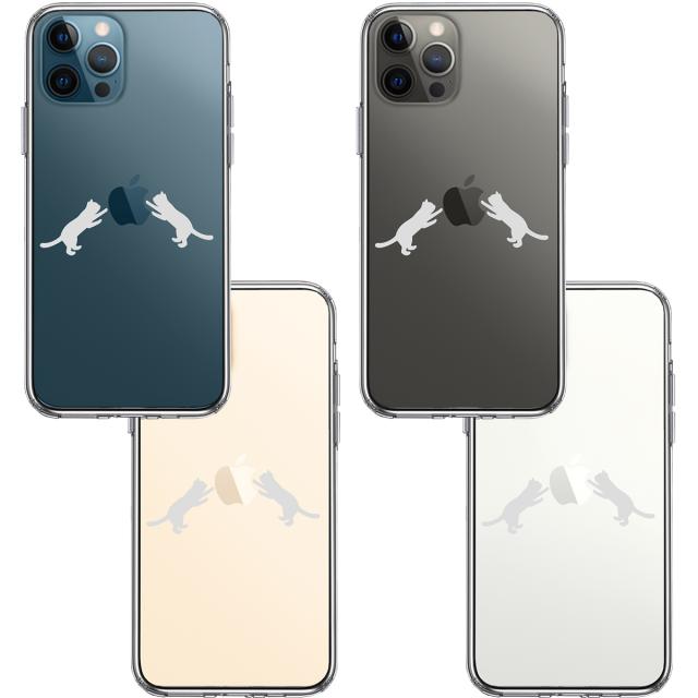 iPhone12Pro ケース クリア にゃんこ りんご 取り合い 薄いグレー スマホケース 側面ソフト 背面ハード ハイブリッド 送料無料-1