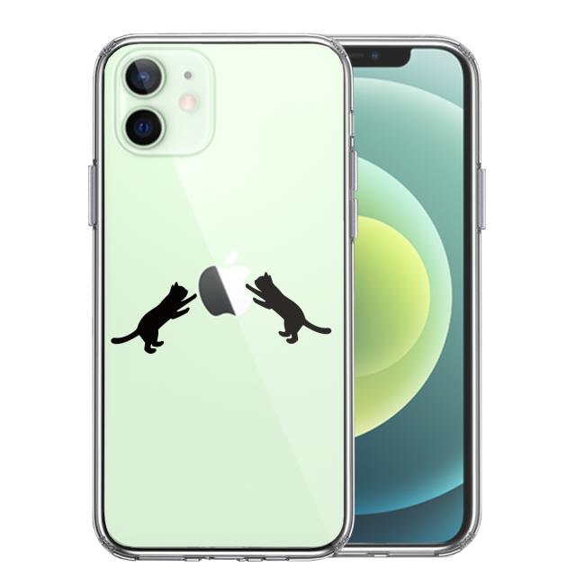 iPhone12 ケース クリア にゃんこ ねこ りんご 取り合い 黒 スマホケース 側面ソフト 背面ハード ハイブリッド 送料無料-0