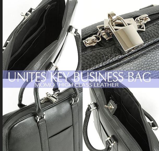 エンボス加工牛床革ビジネスバッグ AN-85BK 南京錠付ブリーフケース MOMO 送料無料-1