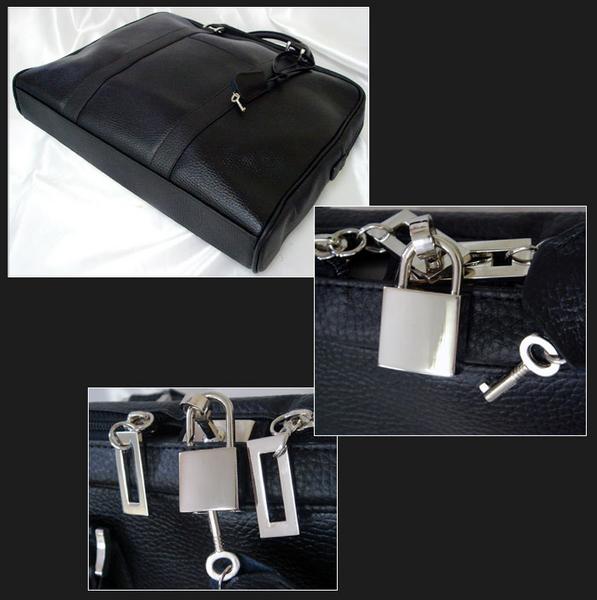 エンボス加工牛床革ビジネスバッグ AN-85BK 南京錠付ブリーフケース MOMO 送料無料-5