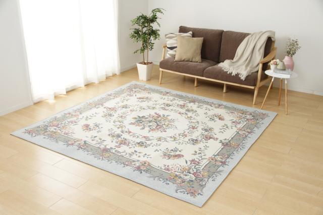 ラグ 撥水加工付き ゴブランシェニールラグ 約185×185cm 手洗いOK ブーケ グレー 送料無料-5