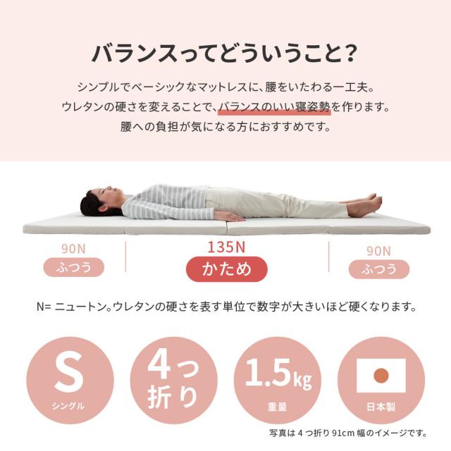 バランスマットレス 腰が気になる方に シングル 厚さ5cm 4つ折り 日本製 約91X192X5cm イエロー 送料無料-1