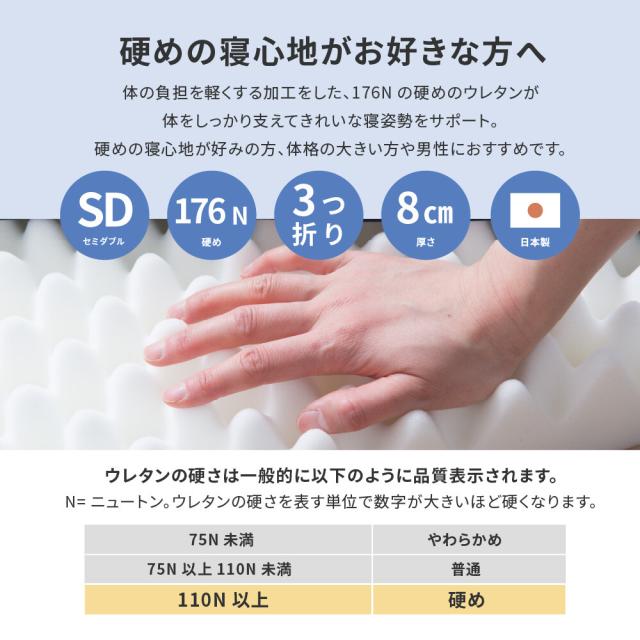 点で支えるウレタンマットレス セミダブル 硬めが好きな方に 厚さ8cm 3つ折り 日本製 約120X201X8cm 送料無料-1