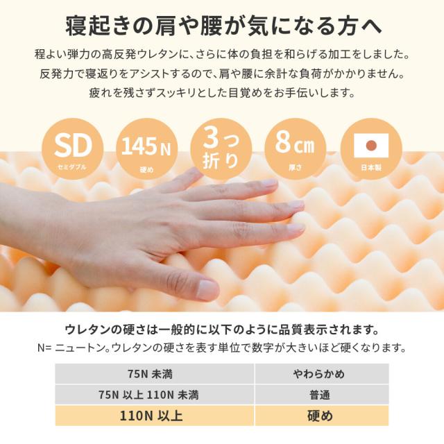 高反発ウレタンマットレス セミダブル 上質の眠り 点で支える 厚さ8cm 3つ折り 日本製 約120X195X8cm 送料無料-1