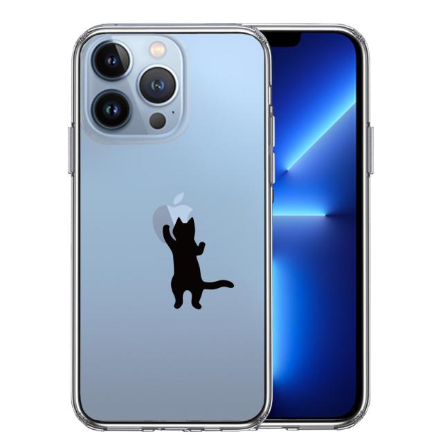 iPhone13Pro ケース クリアにゃんこ りんご さわさわ 黒 スマホケース 側面ソフト 背面ハード ハイブリッド 送料無料-0