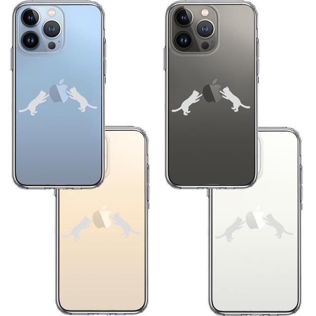 iPhone13Pro ケース クリアにゃんこ りんご 取り合い 薄いグレー スマホケース 側面ソフト 背面ハード ハイブリッド 送料無料-1