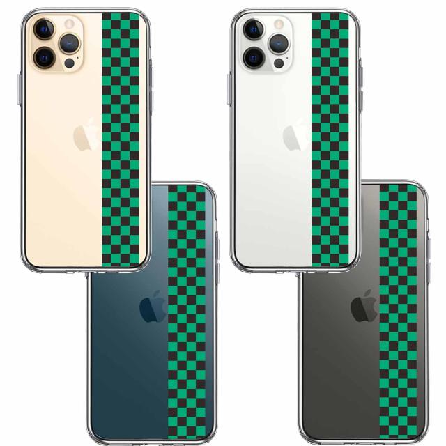 iPhone12Pro ケース クリア 和柄 帯 市松 常盤緑 黒 スマホケース 側面ソフト 背面ハード ハイブリッド 送料無料-1