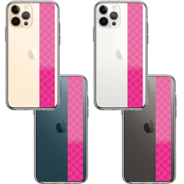 iPhone12Pro ケース クリア 和柄 帯 市松模様 ピンク 金箔 スマホケース 側面ソフト 背面ハード ハイブリッド 送料無料-1