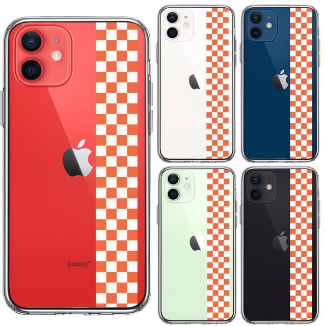 iPhone12mini ケース クリア 和柄 帯 市松 茶 極薄黄 スマホケース 側面ソフト 背面ハード ハイブリッド 送料無料-1