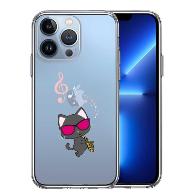 iPhone13Pro ケース クリアサックス ねこ スマホケース 側面ソフト 背面ハード ハイブリッド 送料無料-0