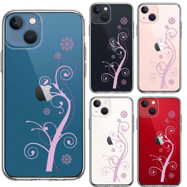 iPhone13mini ケース クリアフローラル つる模様 パープル スマホケース 側面ソフト 背面ハード ハイブリッド 送料無料-1