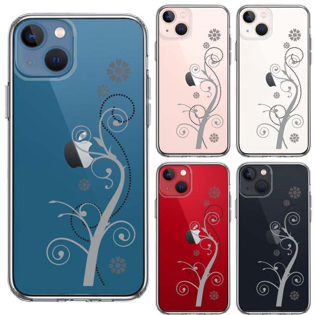 iPhone13 ケース クリアフローラル つる模様 グレー スマホケース 側面ソフト 背面ハード ハイブリッド 送料無料-1