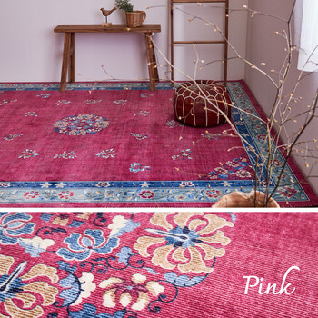 ラグ 転写プリントラグ 円形 直径約140cm 洗える 滑りにくい加工付き シノワズリ ミュゲ ピンク 送料無料-2