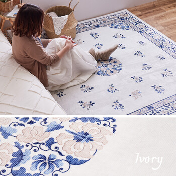 ラグ 転写プリントラグ 円形 直径約140cm 洗える 滑りにくい加工付き シノワズリ ミュゲ ピンク 送料無料-1