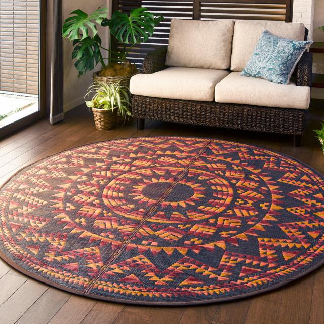 ラグ 話題 アステカ柄 い草センターラグ 裏貼有 アステカ ブラウン 直径約180cm 送料無料-8