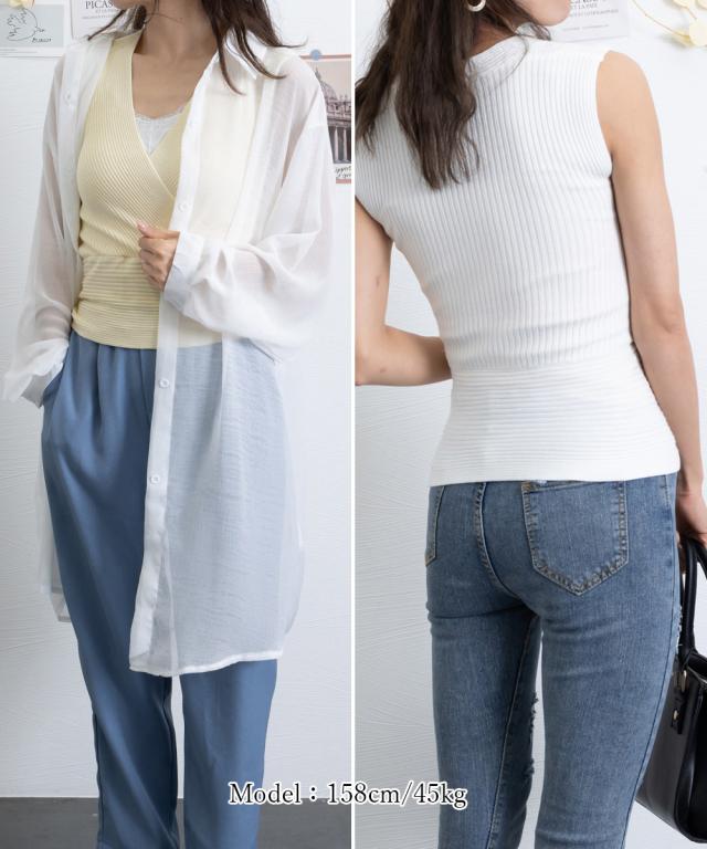 サマーニット ノースリーブ Vネック リブ編み 送料無料 即日発送-7