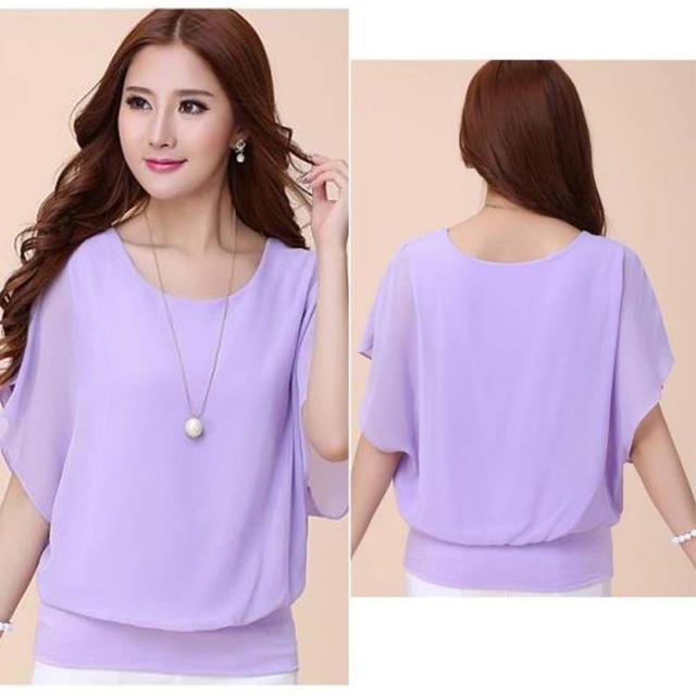 シフォンブラウス 半袖 ラウンドネック ドルマンスリーブ トップス 無地 送料無料 即日発送-9