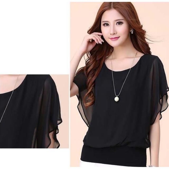 シフォンブラウス 半袖 ラウンドネック ドルマンスリーブ トップス 無地 送料無料 即日発送-4