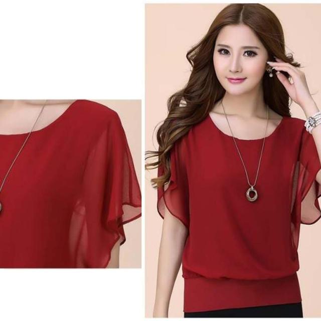 シフォンブラウス 半袖 ラウンドネック ドルマンスリーブ トップス 無地 送料無料 即日発送-7