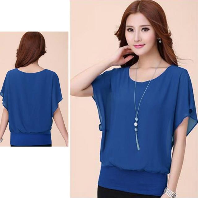 シフォンブラウス 半袖 ラウンドネック ドルマンスリーブ トップス 無地 送料無料 即日発送-8