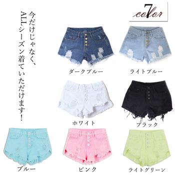 デニム ショートパンツ ハイウエストダメージ ジーンズ 送料無料 即日発送-1