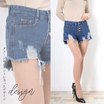 デニム ショートパンツ ハイウエストダメージ ジーンズ 送料無料 即日発送-3
