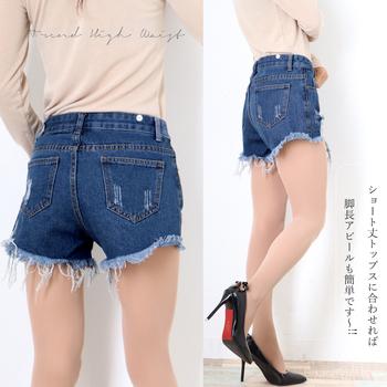 デニム ショートパンツ ハイウエストダメージ ジーンズ 送料無料 即日発送-4