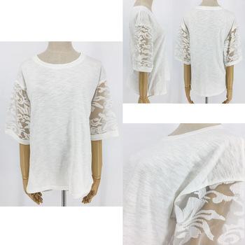 ブラウス 着やせ 刺しゅうレース トップス 切替え ボリューム袖 カットソー 送料無料 即日発送-2