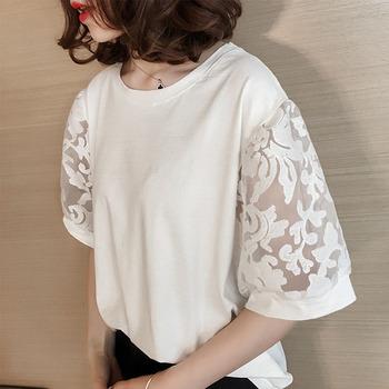 ブラウス 着やせ 刺しゅうレース トップス 切替え ボリューム袖 カットソー 送料無料 即日発送-3