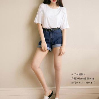 ハイウエスト デニムショートパンツ レディース 夏 ベルト付き ショーパン ロールアップ 送料無料 即日発送-6