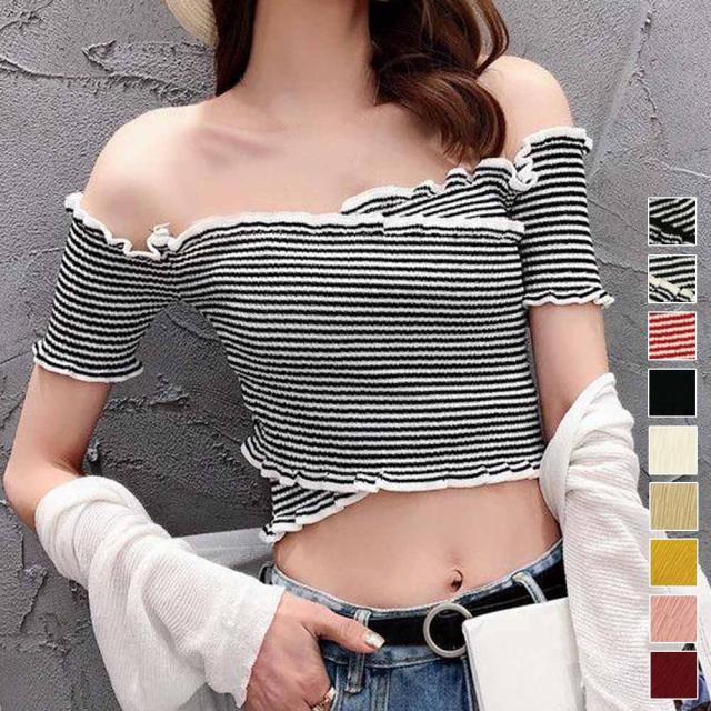 サマーニット オフショルダー 肩だし トップス オフショル フリル 春夏 送料無料 即日発送-9