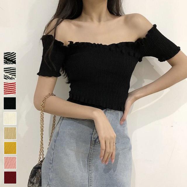 サマーニット オフショルダー 肩だし トップス オフショル フリル 春夏 送料無料 即日発送-3